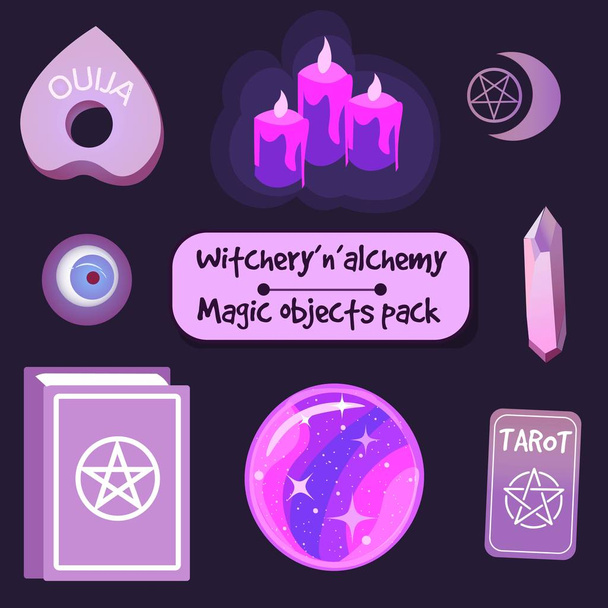 Magické čarodějnické předměty a symboly, vektorová smečka. Krystaly, svíčky a další pohanské a okultní prvky. - Vektor, obrázek