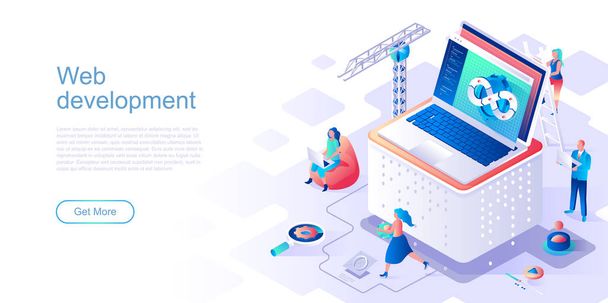 Web development landing page vector template. Program usability and performance website header UI layout with isometric illustration. Fullstack app engineering, devops web banner isometry concept - ベクター画像