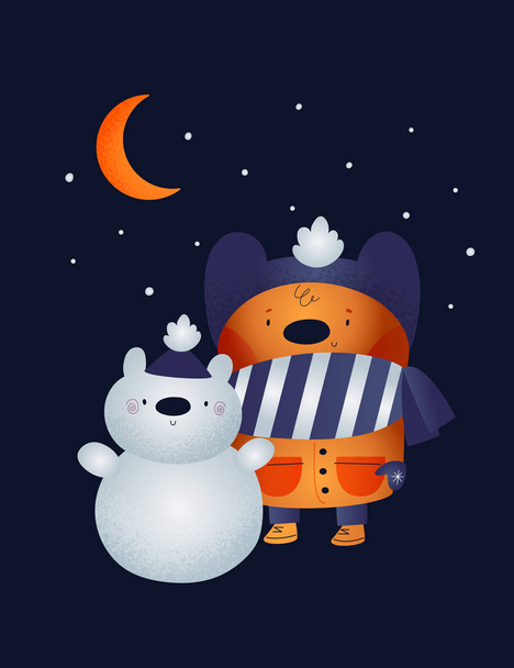 Αφίσα για παιδική διακόσμηση δωματίου με χαριτωμένο αρκουδάκι, χιονάνθρωπο και αστέρια. Banner με αστείο ζώο παιδί. Όνειρα γλυκά, μικρούλα. Κάρτα ντους μωρού - Διάνυσμα, εικόνα