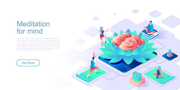 Meditation for mind landing page vector template. Calming techniques, stress relief website header UI layout with isometric illustration. Yoga workout, self-care web banner isometry concept - ベクター画像