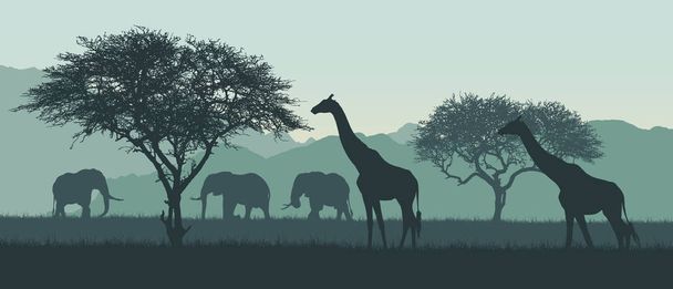 Реалістична ілюстрація африканського пейзажу і сафарі. Слон з жирафом на савані серед дерев у ясний літній день під зеленим небом - вектором. - Вектор, зображення