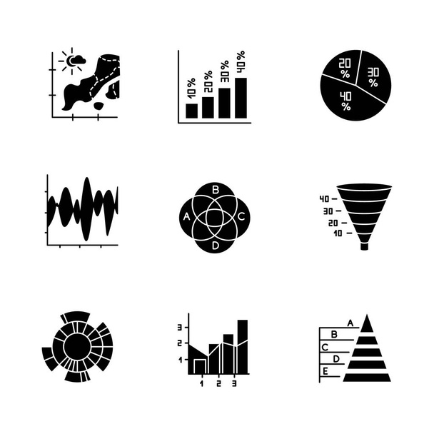 Chart and graph glyph icons set. Temperature map. Vertical histogram. Pie diagram. Funnel chart. Venn diagram. Sunburst. Mixed chart. Pyramid. Silhouette symbols. Vector isolated illustration - Vector, Image
