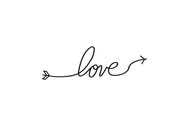 Cupids arrow in the continuous drawing of lines in the form of a heart and the text love in a flat style. Continuous black line. Work flat design. Symbol of love and tenderness. - Vector, Image