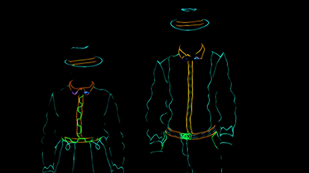 Anime. Animace. Barmanská show. Výkon. Barmanka a barman tančí spolu, oblečeni v neonové uniformě na černém pozadí. Zpomal. 4k. - Záběry, video