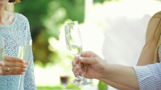 Жінки п'ють біле вино, тости насолоджуються разом. Вечірка на відкритому повітрі. Складні канікули День народження, святкування. Святкова концепція
. - Кадри, відео