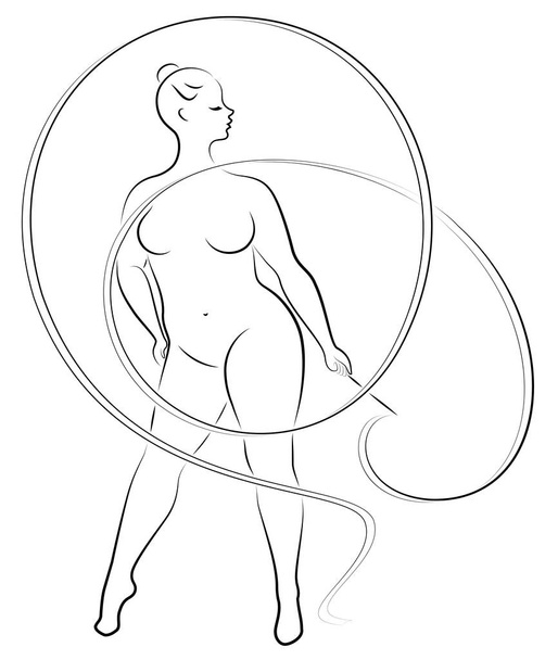 Gymnastics. Silhouette of a girl with a ribbon. The woman is overweight, a large body. The girl is full figured. Vector illustration - Vector, Image