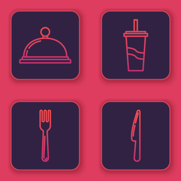 Set lijn Bedekt met een dienblad van voedsel, Vork, Papier glas met drinkstro en water en mes. Blauwe vierkante knop. Vector - Vector, afbeelding