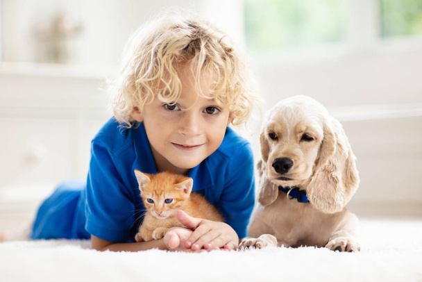Παιδί, σκύλος και γάτα. Τα παιδιά παίζουν με το κουτάβι, γατάκι. - Φωτογραφία, εικόνα