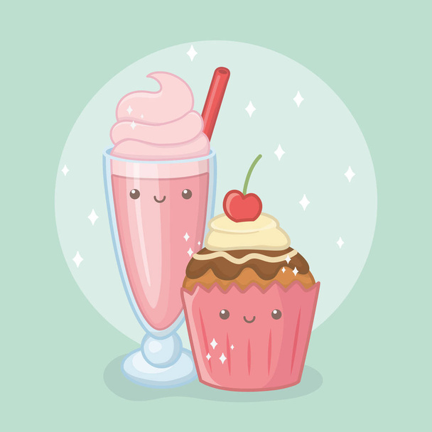 delicious and sweet milkshake and products kawaii characters - Вектор,изображение