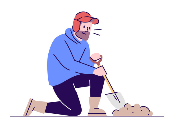 Digging archaeologist flat vector illustration. Archeological research. Treasure hunter in working process. Caucasian bearded man with sapper shovel cartoon character with outline on white background - Вектор,изображение