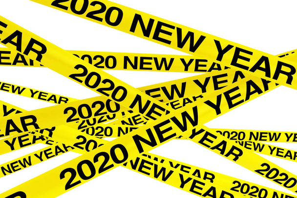 Precaución tiras de cinta amarilla con 2020 signo de año nuevo. Renderizado 3d
 - Foto, Imagen