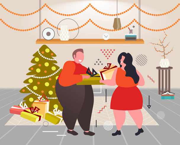 fat obese couple giving gift present boxes to each other merry christmas happy new year winter holidays celebration concept modern living room interior full length horizontal - Vettoriali, immagini