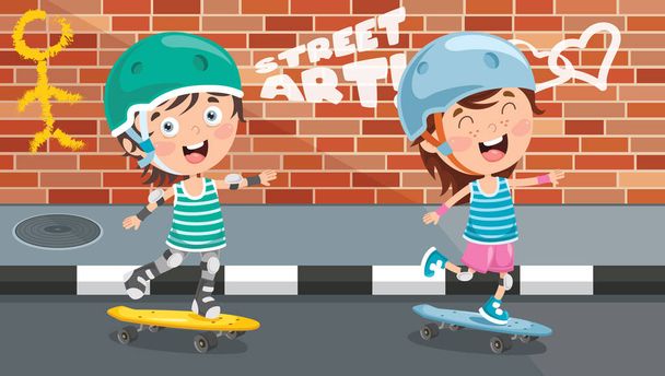 Happy Little Children Skateboarding Outside - Vector, Image