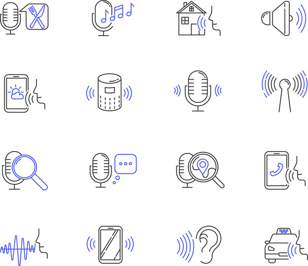 Microphone connection problem linear icons set. Sound recorders. Connected mics. Different voice commands. Thin line contour symbols. Isolated vector outline illustrations. Editable stroke - ベクター画像