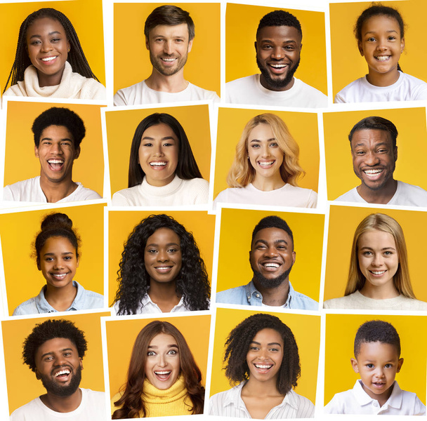Monietnisten ihmisten kollaasi hymyilee keltaisella taustalla
 - Valokuva, kuva