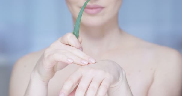 Kaukasierin befeuchtet ihre Handfläche mit Aloe-Vera-Pflanze - ein Konzept der Körperpflege und gesunder Kosmetik, aufgenommen auf rotem Epos - Filmmaterial, Video