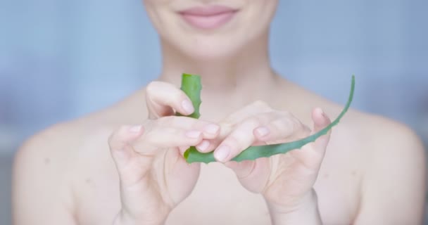 Жінка з чистою шкірою тримає зелену Aloe Vera Leaf Concept of Skin Care Shot on Red Epic - Кадри, відео