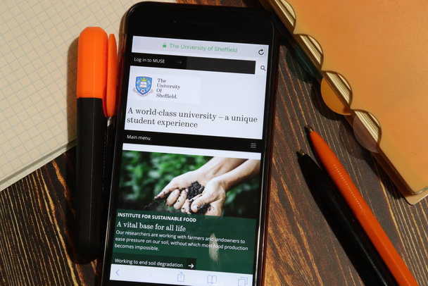 Los Angeles, California, USA - 7 December 2019: Mobile phone screen with University of Sheffield website page close-up. Higher education admission and overview concept, Illustrative Editorial - Fotó, kép
