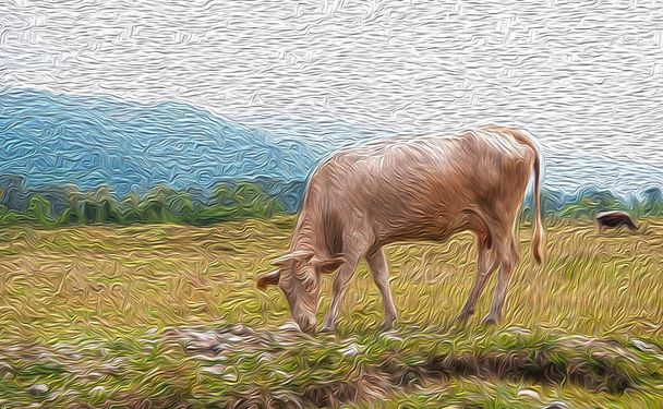 Pintura a óleo digital de vacas no campo
  - Foto, Imagem