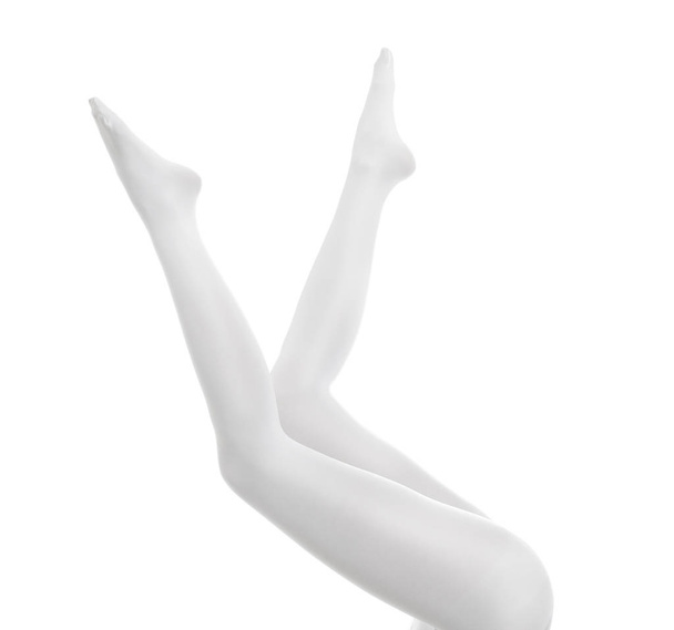 Woman wearing stylish tights on white background, closeup of leg - Foto, afbeelding
