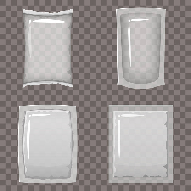 Conjunto de envases de plástico vacíos transparentes y maquetas de contenedores de vacío para el almacenamiento de productos alimenticios. Plantilla de dibujos animados estilo vector aislado
 - Vector, imagen