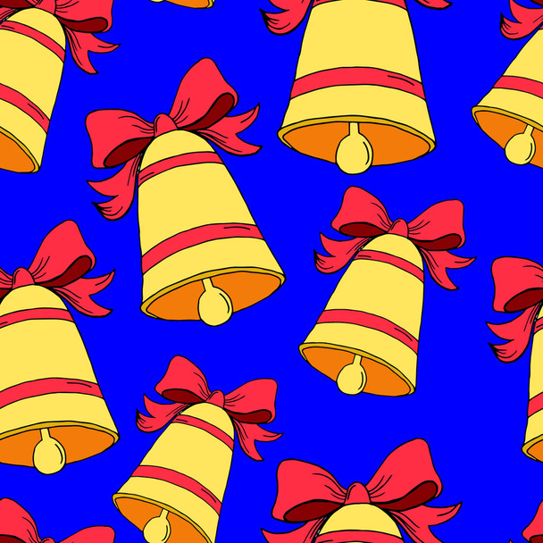 Seamless pattern of Golden metal bell with red bow on a blue background. Vector Illustration EPS10 - Vecteur, image