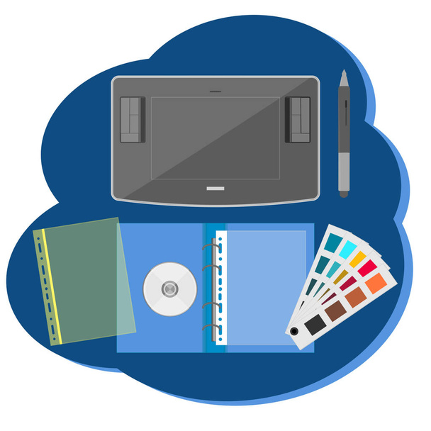 Set for the designer - tablet, folder with files, color palette, diskette - abstract icon - isolated on white background - vector. Digital business. - Vetor, Imagem