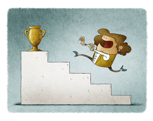 Empresaria sube unas escaleras para llegar a un trofeo de oro
. - Foto, imagen