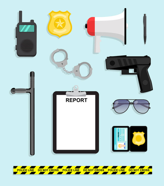 traditionelle Polizeiutensilien gesetzt. Cartoon stilisierter Rohling für Haftbefehl Taser Handschellen Sonnenbrille und Polizeiabzeichen - Vektor, Bild