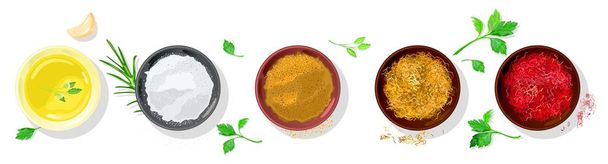 Condiments are in small bowls mustard, salt, chicken curry, saffron, red paprika, onion. - Vector, Image