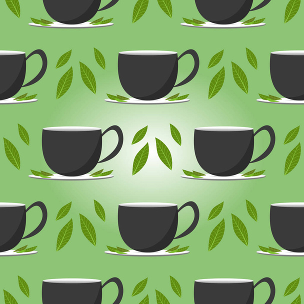 Seamless pattern of cup of tea and tea leaves. Stock vector illustration. - Vetor, Imagem