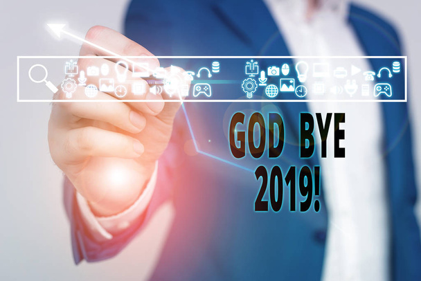 Word writing text God Bye 2019. Business concept for express good wishes when parting or at the end of last year. - Photo, Image