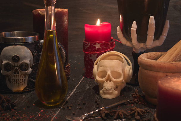 potion of natural herbs for black magic with candles - Photo, Image