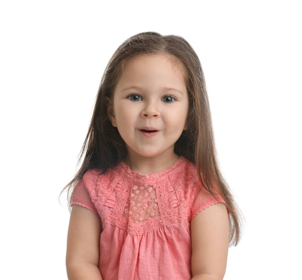Portrait of cute little girl on white background - Фото, изображение