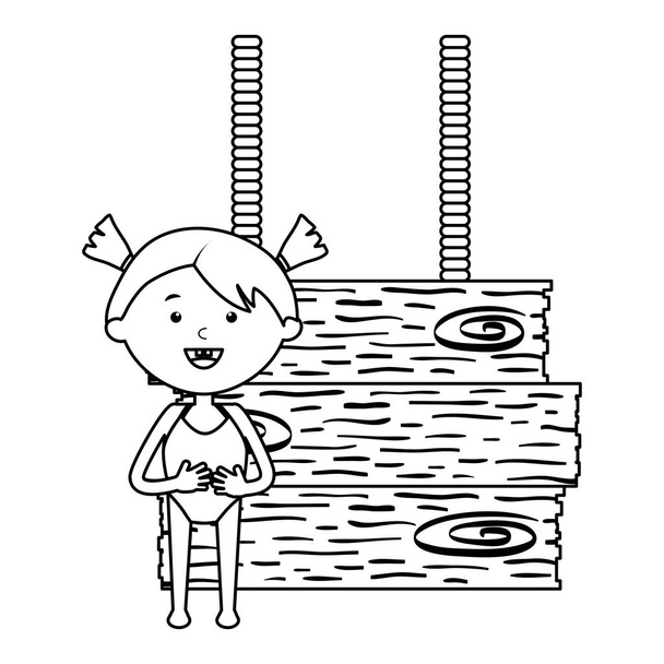 χαριτωμένο μικρό κορίτσι με μαγιό και ξύλινη ετικέτα - Διάνυσμα, εικόνα