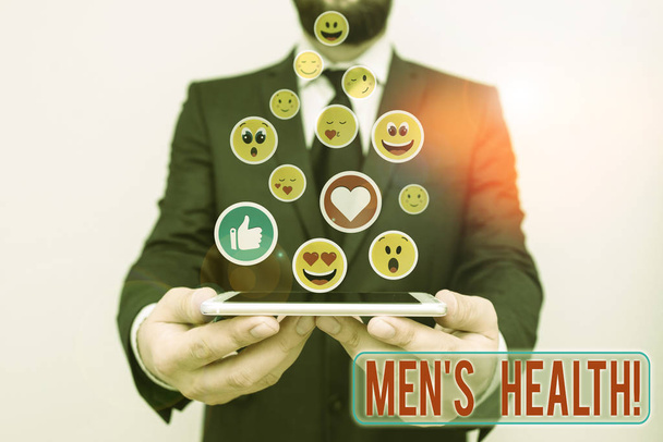 Texto para escrita de palavras Men S Health. Conceito de negócio para o estado de completo bem-estar físico, mental e social por análise
. - Foto, Imagem