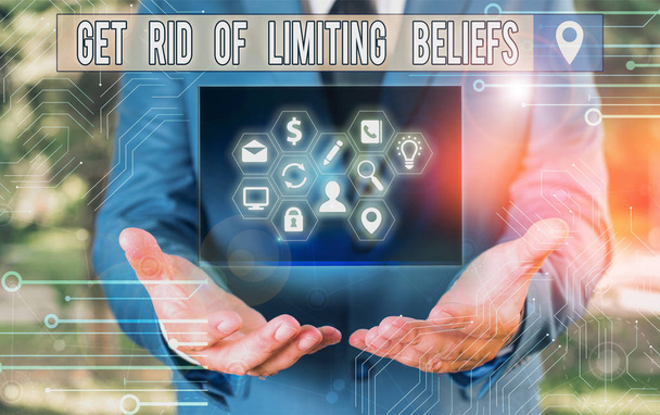 Writing note showing Get Rid Of Limiting Beliefs. Business photo showcasing remove negative beliefs and think positively. - Photo, Image