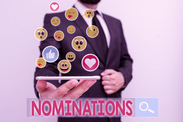 Text sign showing Nominations. Conceptual photo the act of officially suggesting someone for a job or position. - Photo, Image