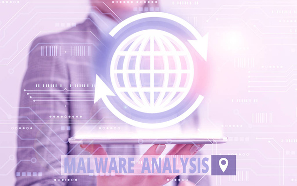 Escrita de mão conceitual mostrando Análise de Malware. Texto de foto de negócios realiza análise profunda de ameaças evasivas e desconhecidas
. - Foto, Imagem