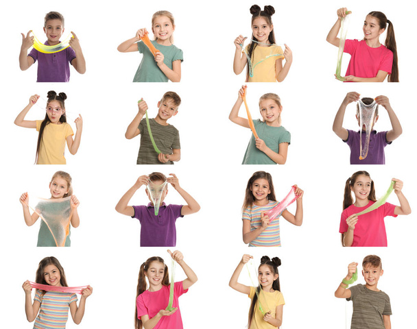 Collage of children with different slimes on white background - Fotografie, Obrázek