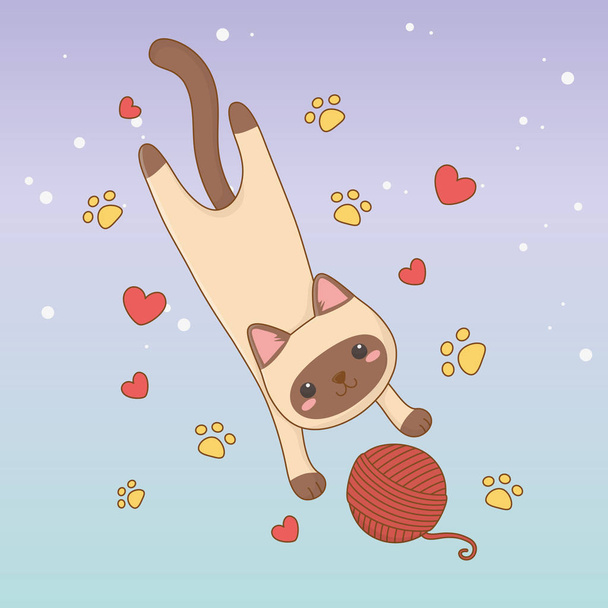 lindo pequeño gato mascota con lana rollo y corazones patrón
 - Vector, Imagen
