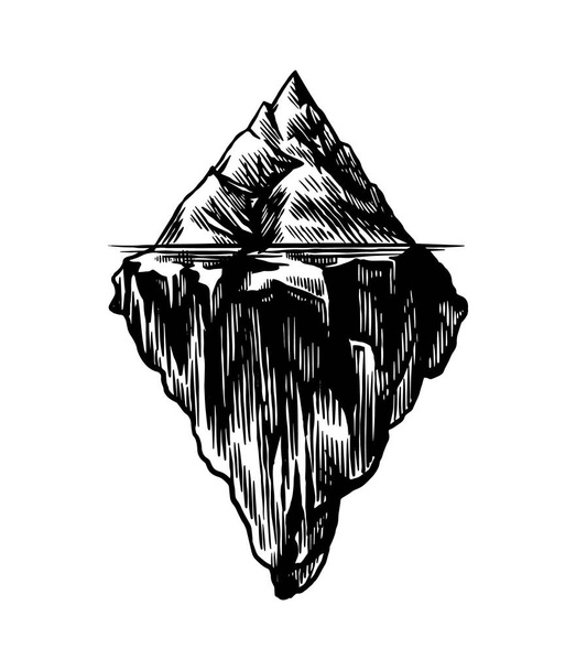 Iceberg dans l'océan. Un grand morceau d'un glacier de montagne flottant dans l'eau du nord. Esquisse vintage gravée à la main pour emblème, logo web, bannière ou t-shirt. Illustration isolée
. - Vecteur, image