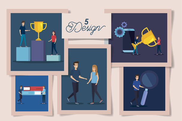 set of five designs with business icons and people - Vector, Image