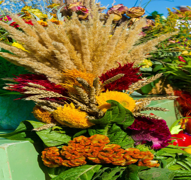 Bir buket çiçek. Çekici bir şekilde düzenlenmiş bir demet çiçek, özellikle bir hediye olarak sunulan ya da bir törende taşınan. burun, lezzet - Fotoğraf, Görsel