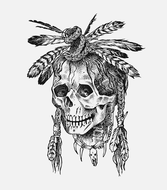 Calavera humana. Indio nativo americano muerto con plumas en estilo vintage. Retro sketch de la vieja escuela para el tatuaje. Monocromo Placa retro grabada a mano para camiseta, póster y logotipo
. - Vector, imagen