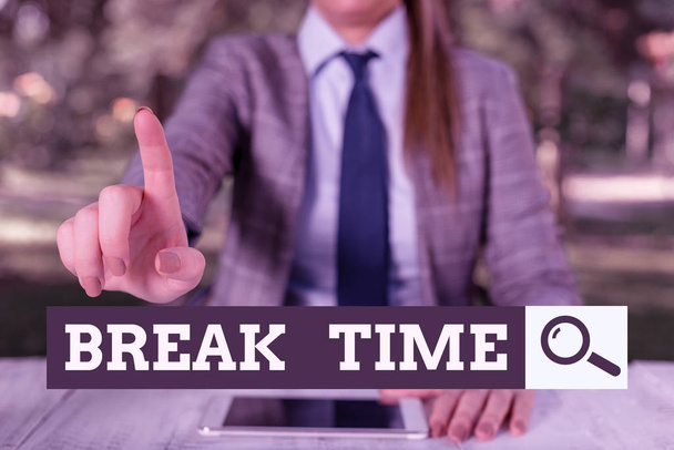 Text sign showing Break Time. Conceptual photo scheduled time when workers stop working for a brief period Female business person sitting by table holding mobile phone. - Photo, Image