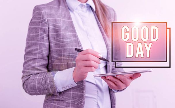 Word writing text Good Day. Business concept for Enjoying the moment with great weather Having lots of fun Business woman pointing in empty space with pen. - Photo, Image