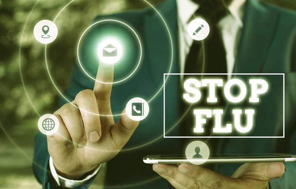 Escritura a mano conceptual que muestra Stop Flu. Texto de la foto comercial Tratar las enfermedades respiratorias contagiosas causadas por el virus de la gripe
. - Foto, imagen
