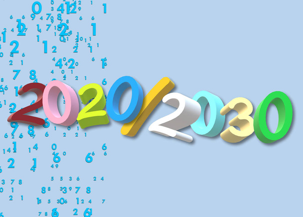 Décennie des années 20 du XXIe siècle. Illustration 3D avec les dates des années 2020 et 2030 sur des nombres aléatoires sur fond bleu. Un temps. Blocs de texte en contraste coloré et drôle. 10 ans
. - Photo, image
