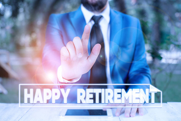 Writing note showing Happy Retirement. Business photo showcasing having a dependable monthly pension check Living the job Businessman with pointing finger in front of him. - Photo, Image